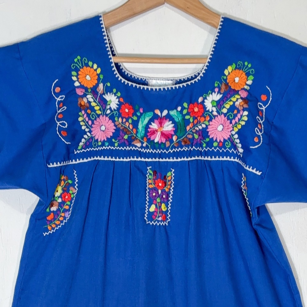 Blue Mexican Embroidered Floral Puebla Dress Girls 12 Peasant Boho